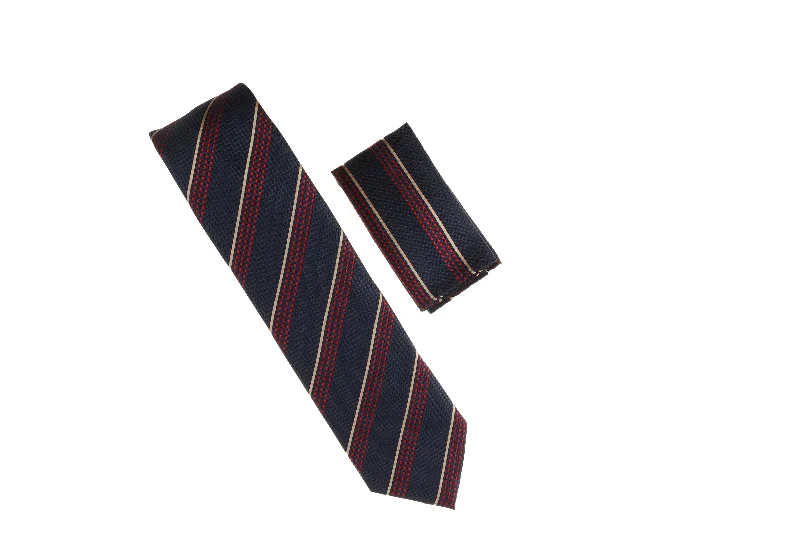 Men's tie for holiday parties with bold colors-Navy with Red and Tan Stripe Designed Necktie with Matching Pocket Square WTH-A171