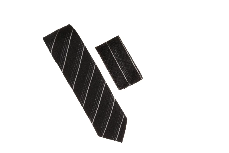 Stylish men's tie with intricate floral pattern-Black with Grey and Silver Stripe Designed Necktie with Matching Pocket Square WTH-A172