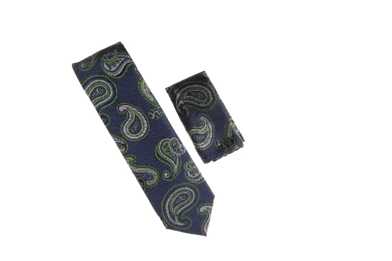 Stylish men's tie with classic polka dot design-Blue with Pink and Green Paisley Designed Necktie with Matching Pocket Square WTH-A173