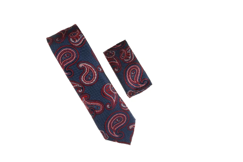 Men's tie with bold stripes for business meetings-Blue with Red and Pink Paisley Designed Necktie with Matching Pocket Square WTH-A174