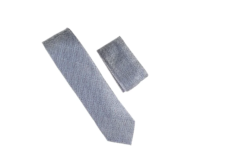 Men's tie with fine satin texture for office wear-Baby Blue, Silver, and Navy Designed Necktie with Matching Pocket Square WTH-A179