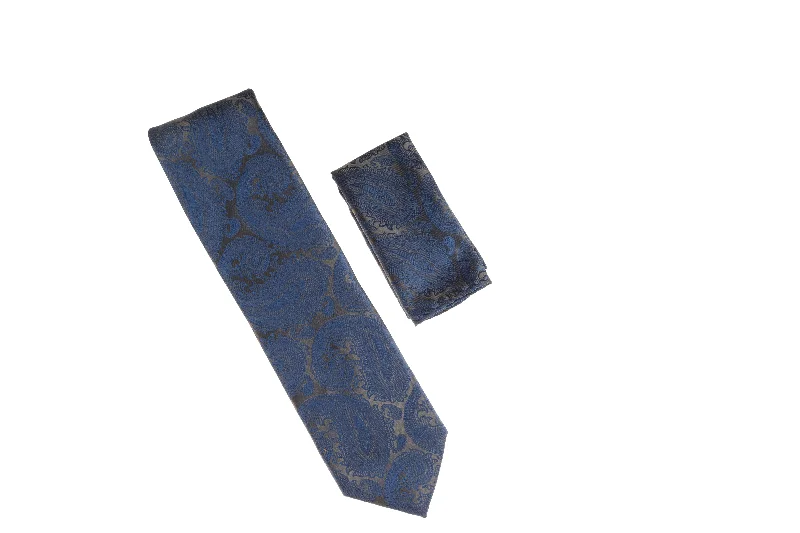 Classic men's tie with deep red tone for formal occasions-Blue, and Grey Designed Necktie with Matching Pocket Square WTH-A182