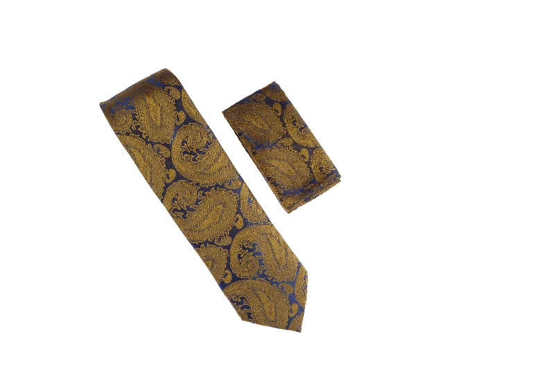 Trendy men's tie with minimalist print for work events-Gold, and Blue Designed Necktie with Matching Pocket Square WTH-A183