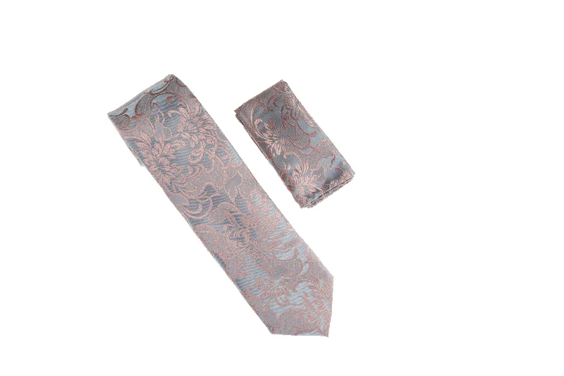 Trendy men's tie for a formal brunch event-Blue-Grey and Pink Designed Necktie with Matching Pocket Square WTH-A187