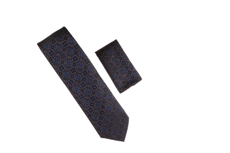 Trendy men's tie with floral motif for weddings-Navy, Black and Lavender Designed Necktie with Matching Pocket Square WTH-A192