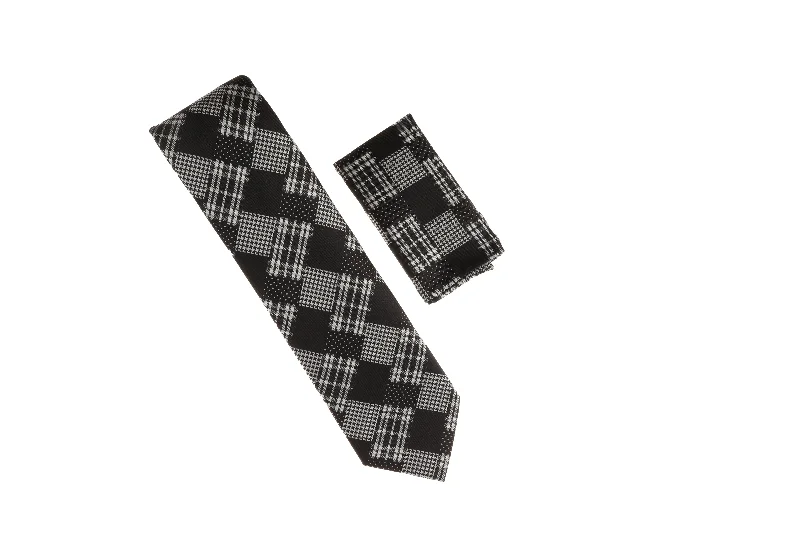 Men's tie for business casual functions-Black, Silver and Grey Multi Layered Designed Necktie with Matching Pocket Square WTH-A194