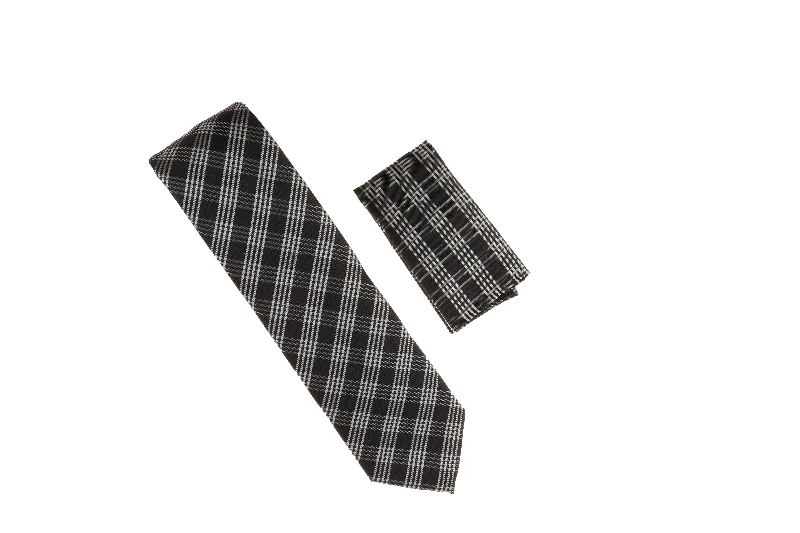 Trendy men's tie with colorful abstract print-Black, Silver and Grey Mini Layered Stripes Necktie with Matching Pocket Square WTH-A195