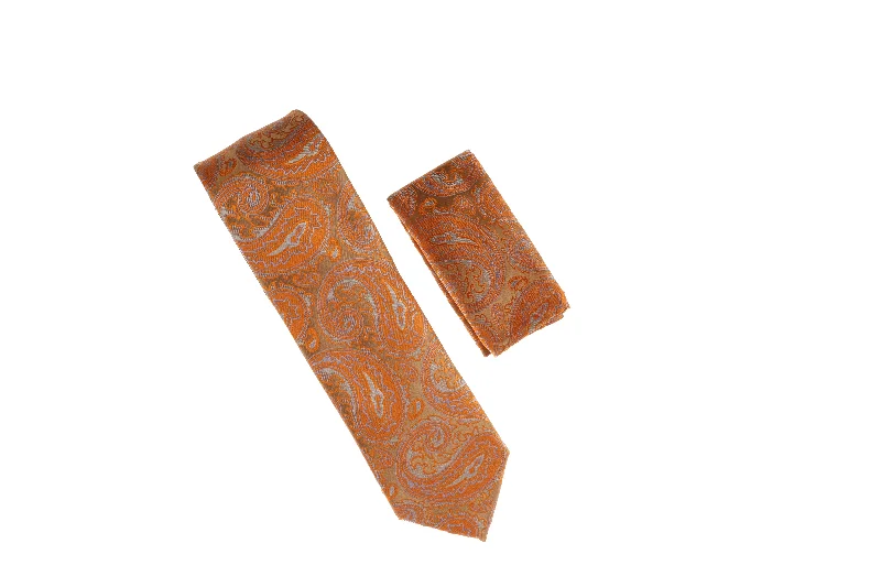 Best tie for men with rich fabric texture for work-Metallic Orange and Lavender Paisley Necktie with Matching Pocket Square WTH-A197