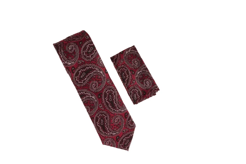 Men's tie with solid patterns for modern business attire-Burgundy, Silver & Black Paisley Necktie with Matching Pocket Square WTH-A199