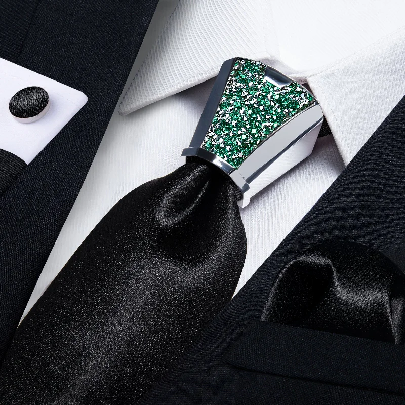 Luxury men's tie for a classic business look-DiBanGu Black Tie Solid Shining Tie Pocket Square Cufflinks Accessory 4PC Set