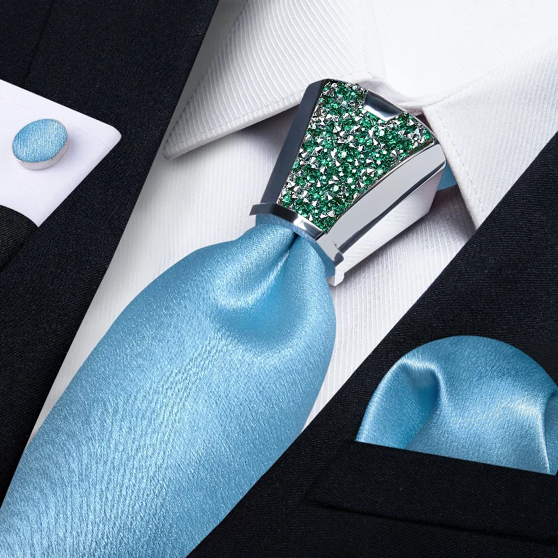 Designer men's tie for upscale dinner events-DiBanGu Blue Tie Solid Shining Baby Blue Tie Hanky Cufflinks Accessory 4PC Set