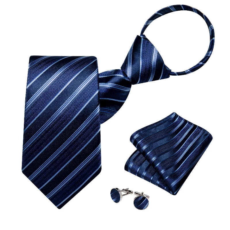 Elegant silk tie for men with smooth texture-DiBanGu Blue Tie Striped Men's Easy-pull Silk Tie Pocket Square Cufflinks Set