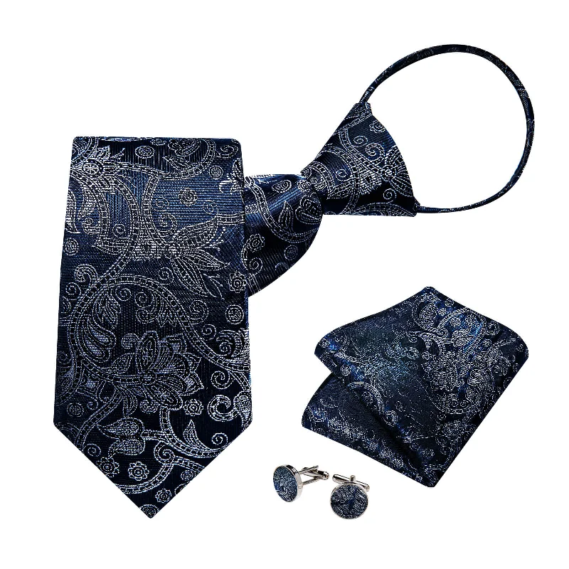 Stylish men's tie for evening parties-DiBanGu Blue Tie White Floral Easy-pull Men's Silk Tie Handkerchief Cufflinks Set