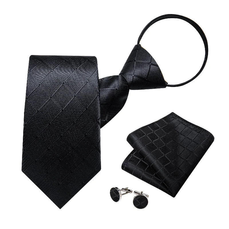 Classic men's tie for business events with sleek design-DiBanGu Bucket Tie Black Plaid Men's Silk Tie Handkerchief Cufflinks Set