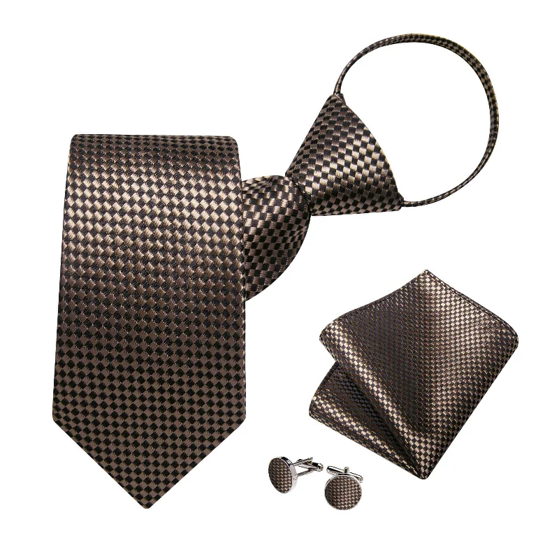 Men's tie for upscale dinner parties-DiBanGu Bucket Tie Brown Woven Plaid Men's Silk Tie Hanky Cufflinks Set