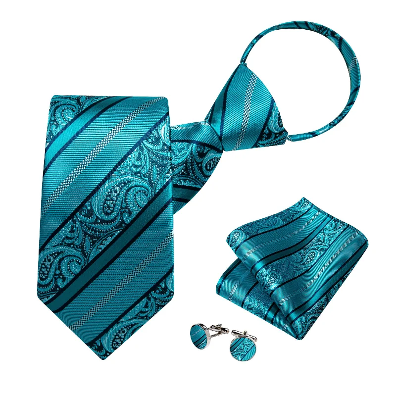 Trendy men's tie with diagonal stripes-DiBanGu Bucket Tie Dark Turquoise Blue Striped Paisley Men's Silk Tie Set