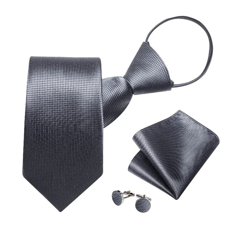 Men's tie with bold color accents for weddings-DiBanGu Bucket Tie Dim Gray Plaid Men's Easy-pull Silk Tie Hanky Cufflinks Set Classic