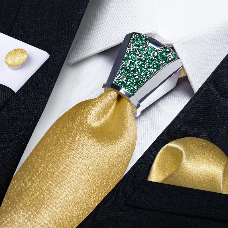 Stylish men's tie for fashion-forward meetings-DiBanGu Gold Tie 4PC Set Solid Shining Champagne Gold Tie Hanky Cufflinks Accessory