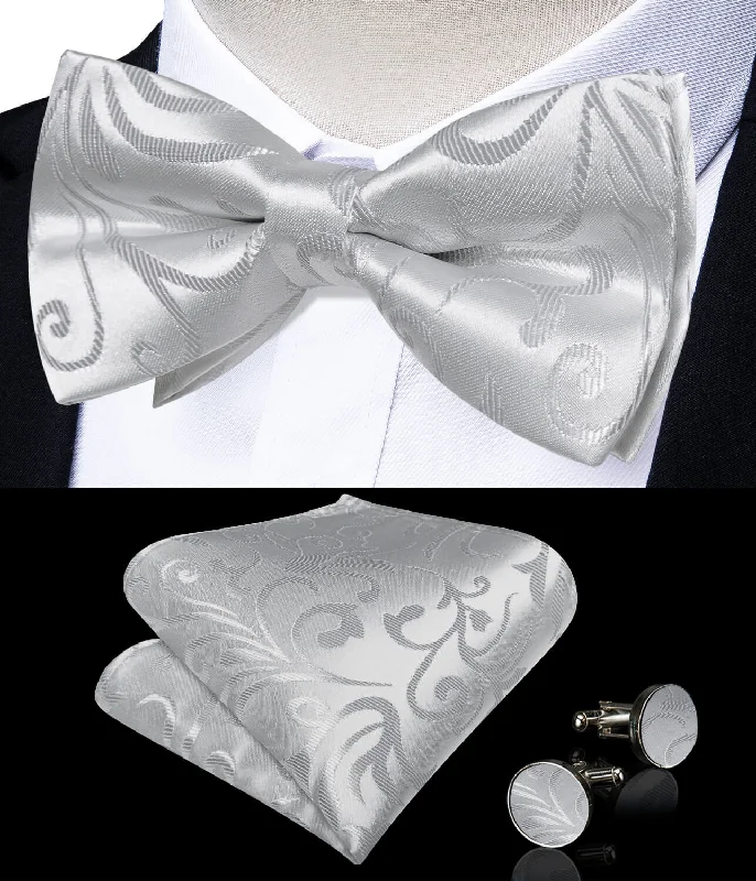 Elegant silk tie for weddings and galas-DiBanGu Men's Pre-Bow Tie Light Gray Floral Silk Bowtie Hanky Cufflinks Set