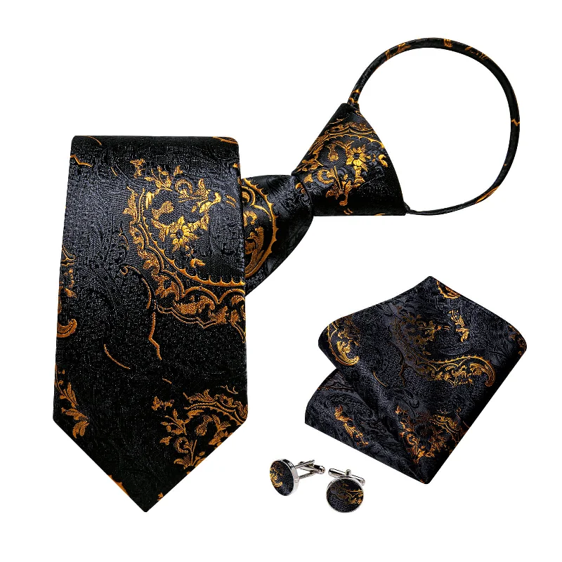 Best men's tie for creative professionals with unique print-DiBanGu Men's Tie Black Gold Floral Easy-pull Silk Tie Set Classic