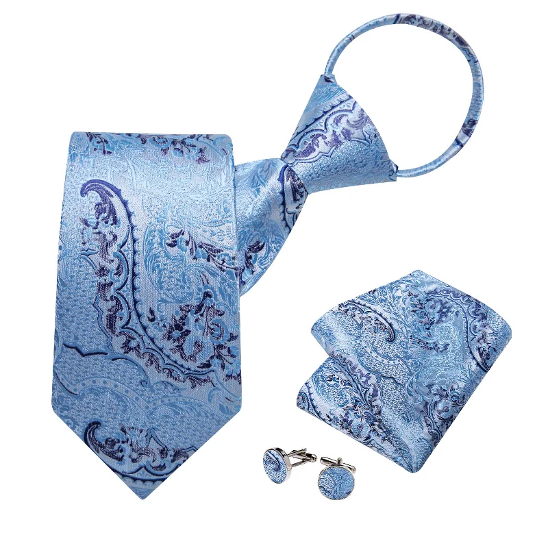 Men's tie for a stylish corporate appearance with sharp design-DiBanGu Men's Tie Blue Jacquard Woven Floral Bucket Silk Tie Set