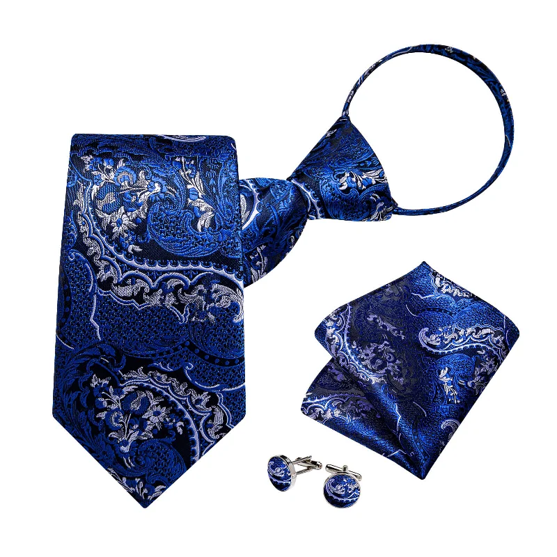 Best men's tie with fine silk fabric for office events-DiBanGu Men's Tie Blue White Jacquard Floral Bucket Silk Tie Hanky Cufflinks Set