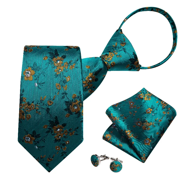 Men's tie with modern prints for professional attire-DiBanGu Men's Tie Dark Turquoise Yellow Floral Silk Bucket Tie Set