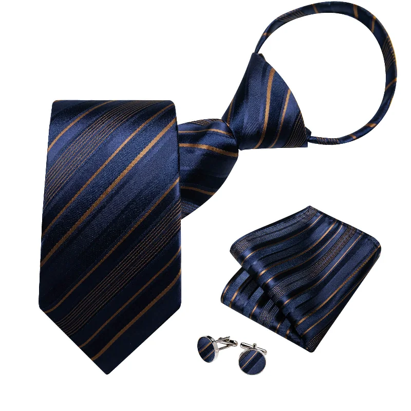 Best men's tie for upscale family celebrations-DiBanGu Men's Tie Deep Blue Brown Striped Bucket Silk Tie Hanky Cufflinks Set