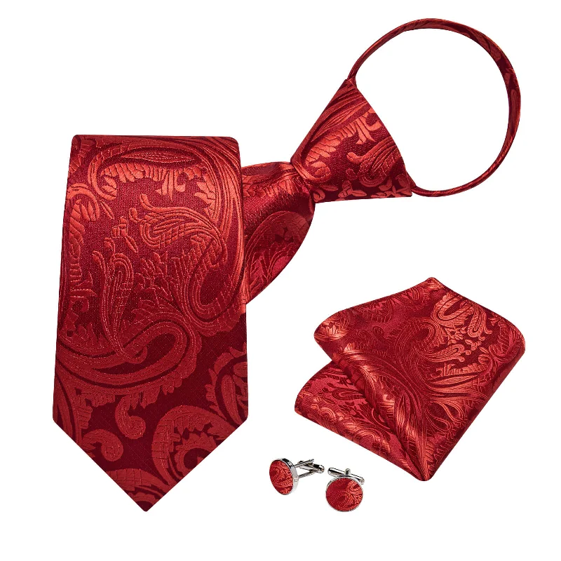 Men's tie for sophisticated occasions with floral accents-DiBanGu Men's Tie Red Paisley Bucket Silk Tie Hanky Cufflinks Set for Wedding