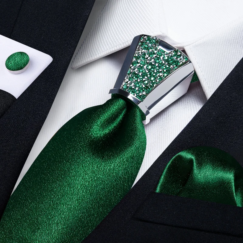 Elegant men's tie with fine texture for business wear-DiBanGu Mens Tie Solid Shining Dark Green Silk Tie Hanky Cufflinks Accessory 4PC Set