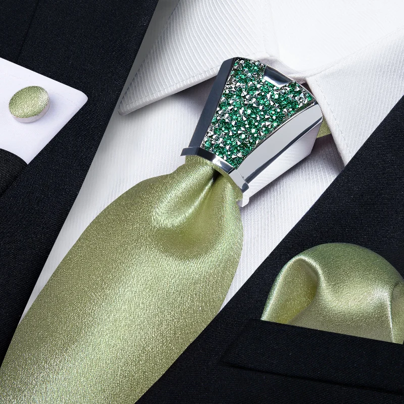 Elegant men's tie with floral motifs for corporate wear-DiBanGu Mens Tie Solid Shining Olive Green Tie Hanky Cufflinks Accessory 4PC Set Fashion