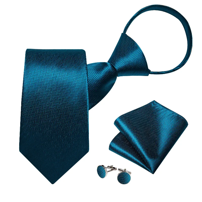 Men's tie for luxury dinners with contemporary design-DiBanGu Men's Tie Teal Blue Striped Bucket Silk Tie Hanky Cufflinks Set