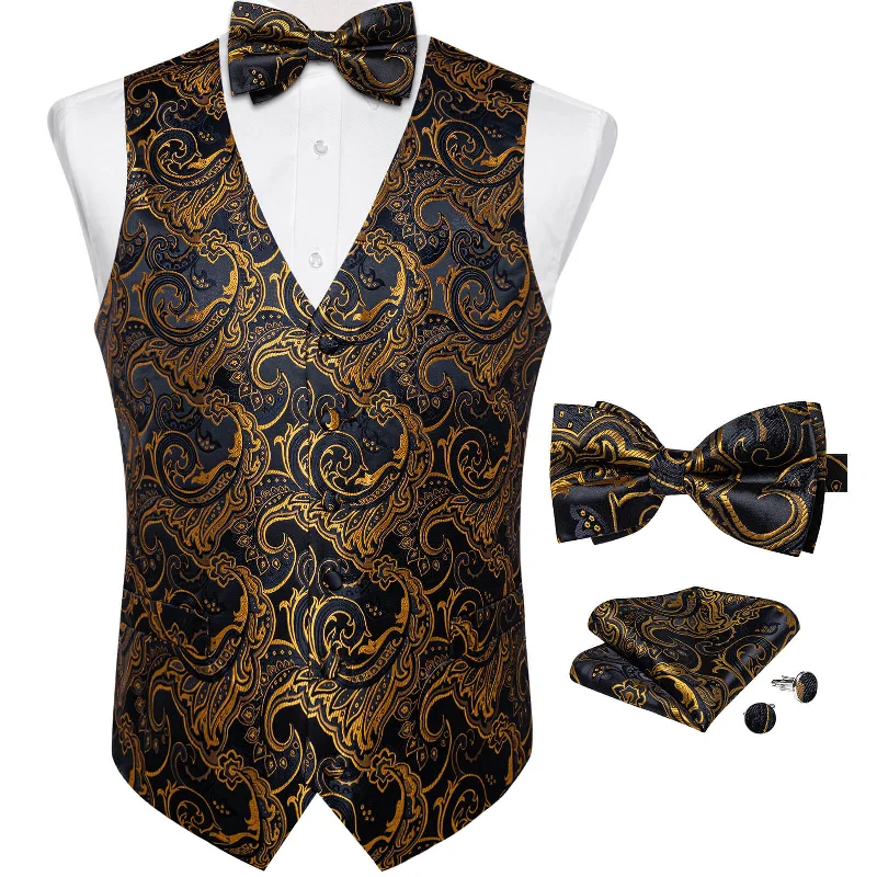 Men's tie with stylish polka dots for casual wear-DiBanGu Men's Vest Black Gold Jacquard Floral Silk Vest Bow Tie Set