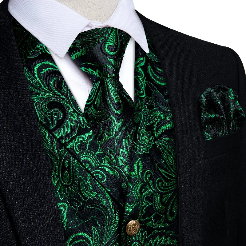 Trendy men's tie with floral motif for weddings-DiBanGu Notched Collar Vest Black Green Floral V Neck Mens Waistcoat Vest Tie Handkerchief Cufflinks Set