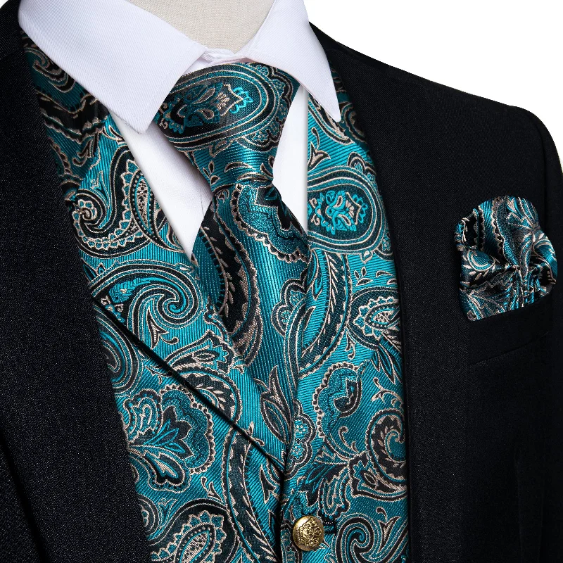 Designer tie for formal occasions with jacquard finish-DiBanGu Notched Collar Vest Cyal Black Paisley V Neck Mens Vest Tie Handkerchief Cufflinks Set