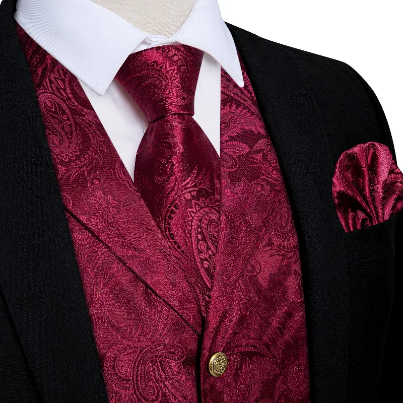 Elegant men's tie with floral print for formal wear-DiBanGu Notched Collar Vest Red Floral V Neck Mens Waistcoat Vest Tie Handkerchief Cufflinks Set