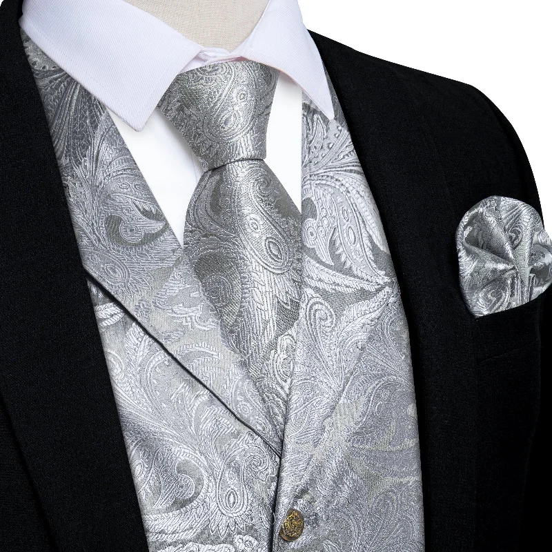 Men's tie with bold patterns for weddings-DiBanGu Notched Collar Vest Silver Grey Floral Jacquard V Neck Waistcoat Tie Hanky Cufflinks Set