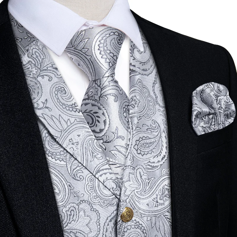 Men's tie with subtle patterns for corporate events-DiBanGu Notched Collar Vest Silver Paisley V Neck Mens Waistcoat Vest Tie Handkerchief Cufflinks Set