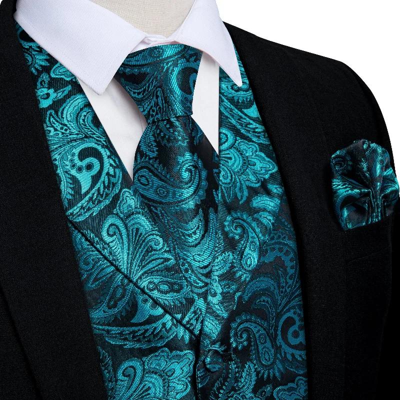 Men's tie with vibrant hues for holiday parties-DiBanGu Notched Collar Vest Teal Floral Jacquard V Neck Mens Waistcoat Vest Tie Handkerchief Cufflinks Set