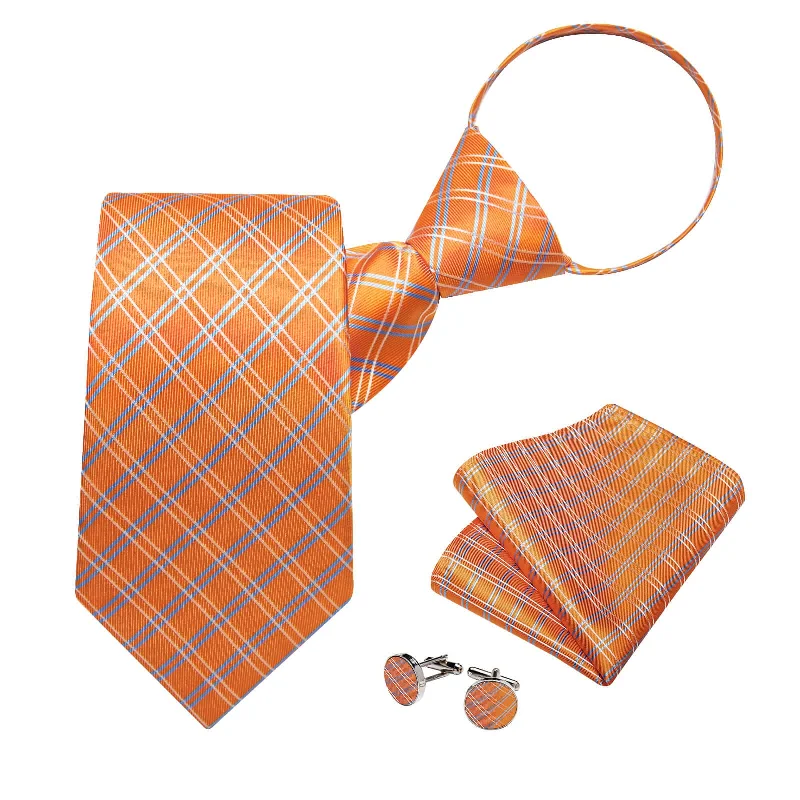 Designer silk tie for upscale corporate functions-DiBanGu Orange Tie Blue White Plaid Easy-pull Silk Tie Hanky Cufflinks Set for Men