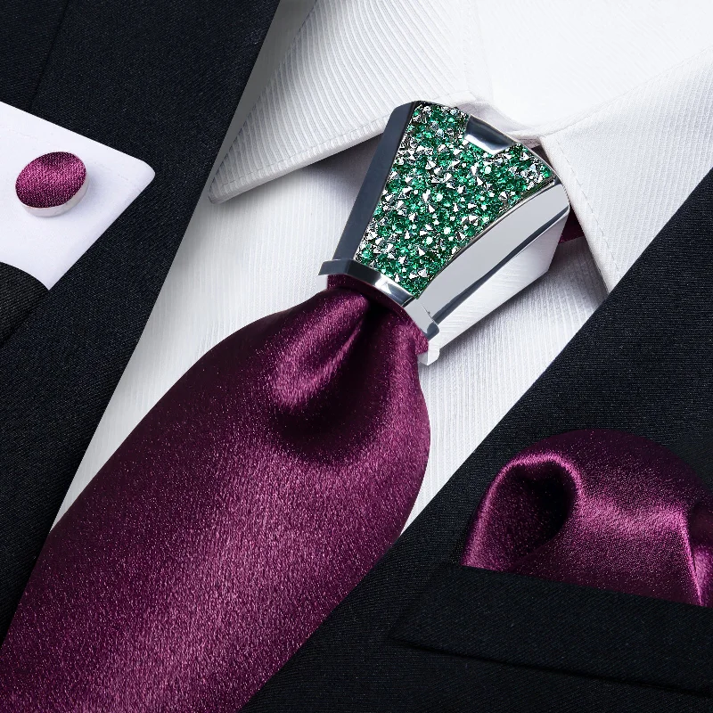 Men's tie for a smart casual look with sleek pattern-DiBanGu Purple Tie Shining Solid Boysenberry Purple Tie Pocket Square Cufflinks Accessory 4PC Set