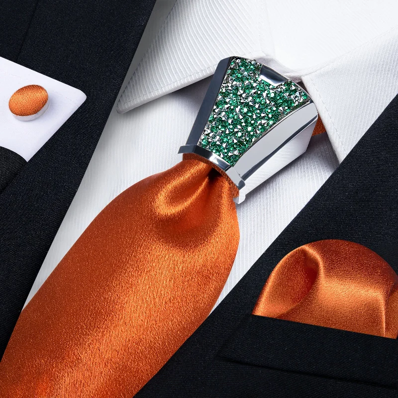 Men's tie with vibrant floral accents for formal gatherings-DiBanGu Wedding Solid Tie 4PC Set Shining Burnt Orange Tie Hanky Cufflinks Accessory