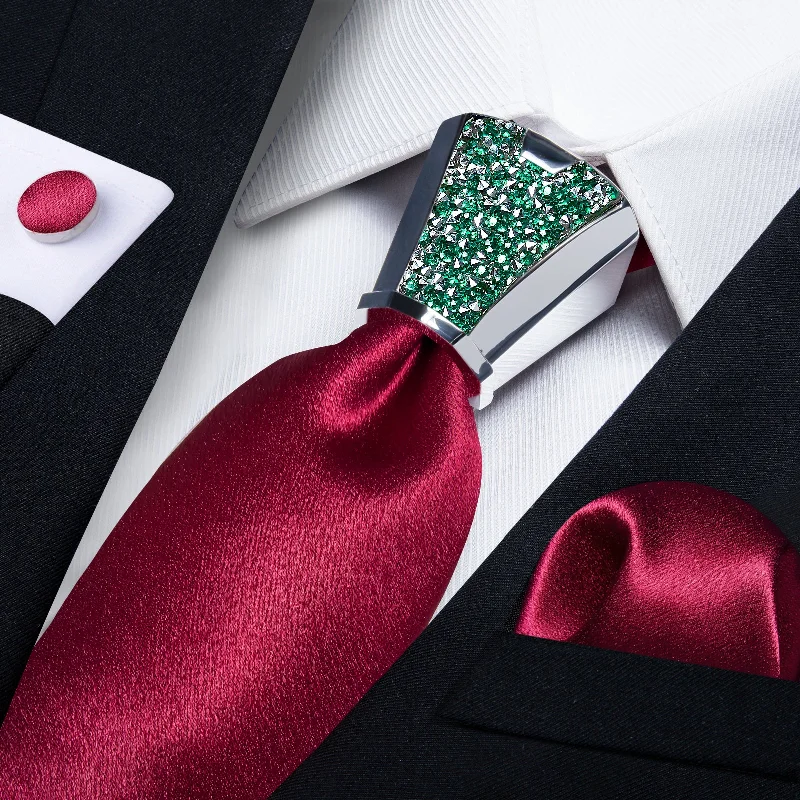 Men's tie for holiday dinners with bold color contrasts-DiBanGu Wedding Tie Solid Shining Burgundy Red Necktie Pocket Square Cufflinks Accessory 4PC Set