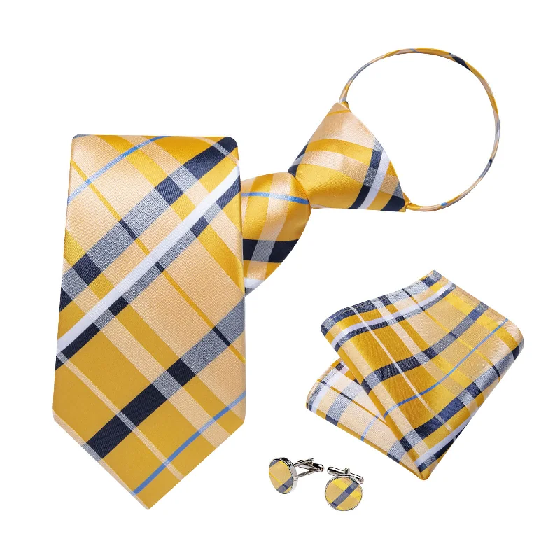 Men's tie with bold stripes for casual office wear-DiBanGu Yellow Tie Blue White Plaid Easy-pull Silk Tie Handkerchief Cufflinks Set for Men