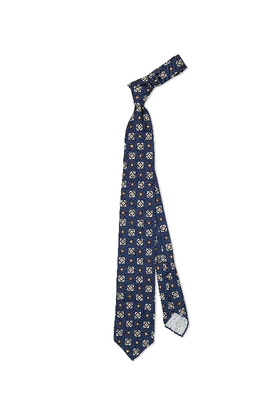 Men's silk tie for upscale corporate events-Drake's Navy with Brown/White Pattern Printed Silk Tie