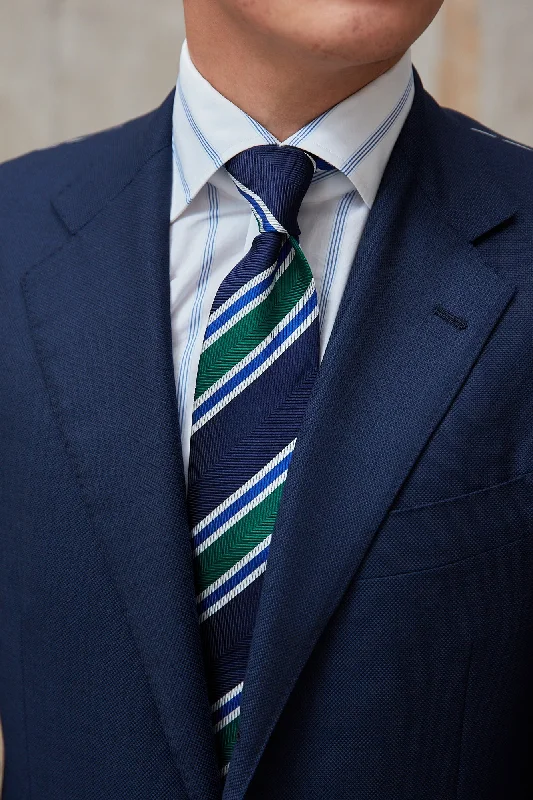 Men's tie with modern textured design for office wear-Drake's Navy with Green/White/Blue Stripe Herringbone Silk Tie