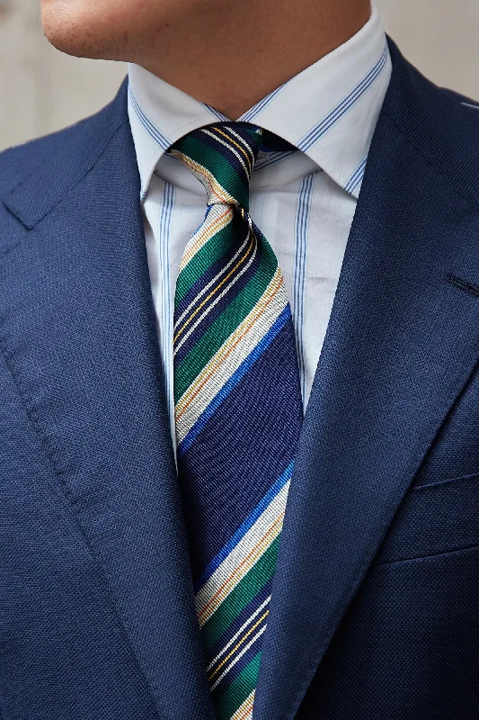 Designer tie for upscale wedding events-Drake's Navy with Grey/Green/Blue/Orange/Yellow Stripe Silk Tie