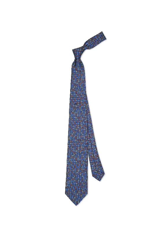 Luxury men's tie for formal business functions-Drake's Navy with Orange/Green/Blue Round Print Silk Foulard Tie