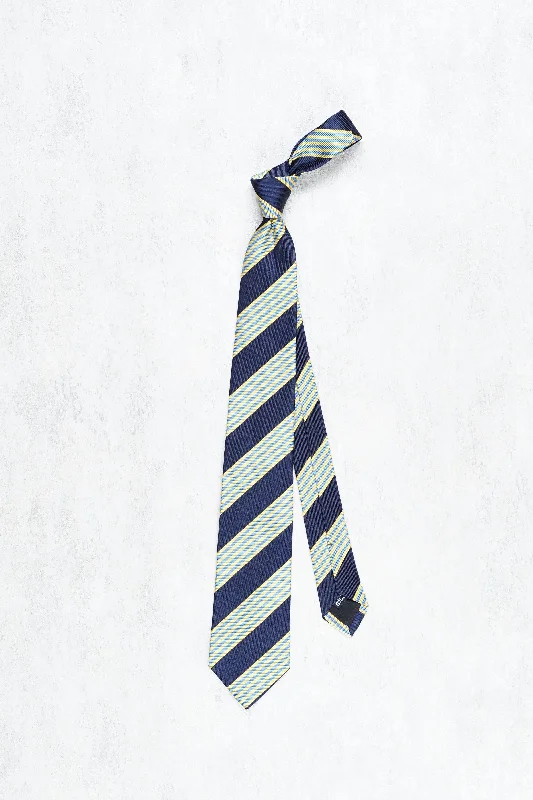 Men's tie for a professional look with sharp lines-Drake's Navy with Yellow/Blue Stripe Herringbone Silk Tie