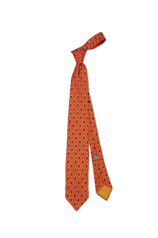 Men's tie for business attire with bold hues-Drake's Orange with Navy/Gold Diamond Print Foulard Silk Tie